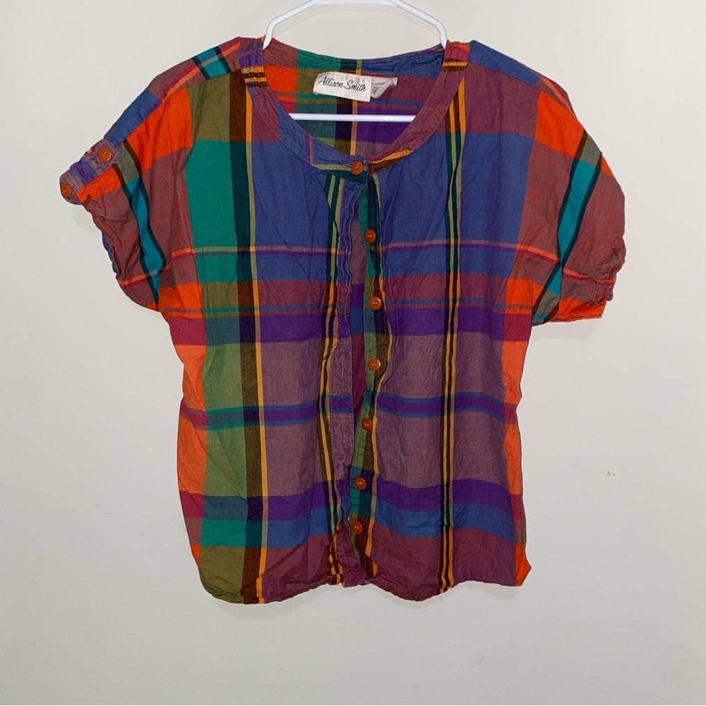 VTG-08 80’s 90’s true vintage Colorful Plaid Button-Up Blouse dopamine size 8 - Picture 2 of 7
